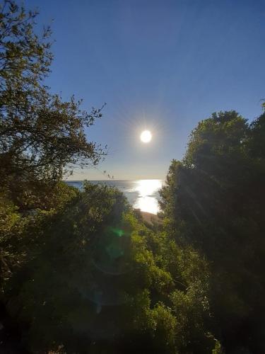 a sun rising over the ocean with trees on a beach at Luna e Mare in Cala Gonone