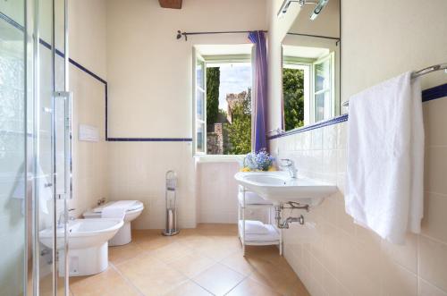 a bathroom with a sink and a toilet and a mirror at Residence Villa Antica Torre in San Felice del Benaco