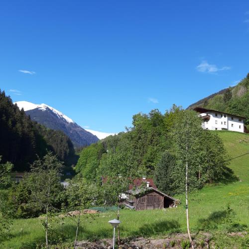a house in a field with mountains in the background at Appartement Au in Oberperfuss