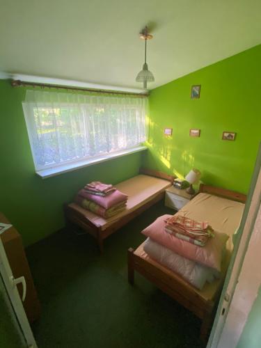 Habitación verde con 2 camas y ventana en Domek w sadzie na Mazurach, en Stręgielek
