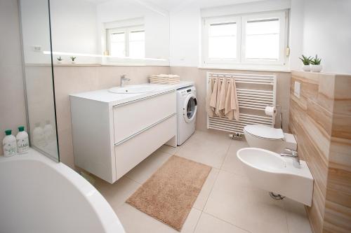 La salle de bains blanche est pourvue d'un lavabo et d'un lave-linge. dans l'établissement Vila Marija, à Ljubljana