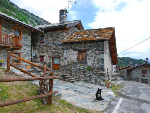 un gato sentado frente a una casa de piedra en Apartment Baita Baulin-2 by Interhome, en Baulen