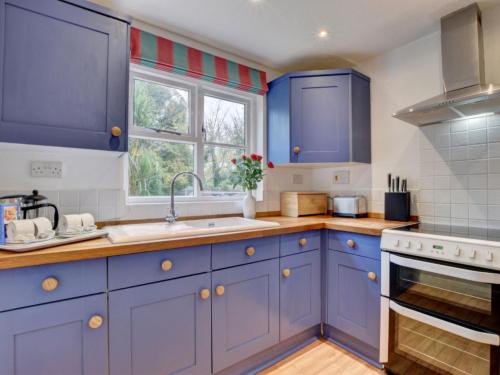 GeorgehamにあるHoliday Home Salar Cottage by Interhomeの青いキャビネットと窓付きのキッチン