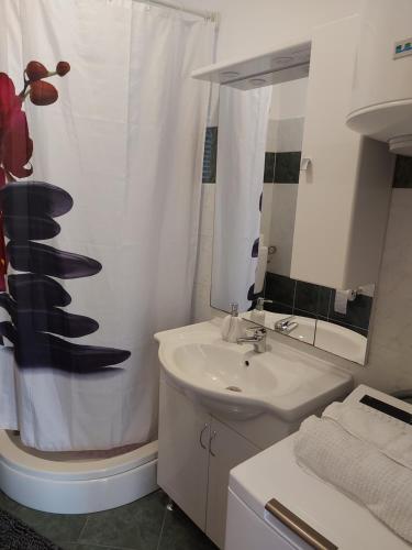 a bathroom with a sink and a shower curtain at Apartment Valeria in Lopar
