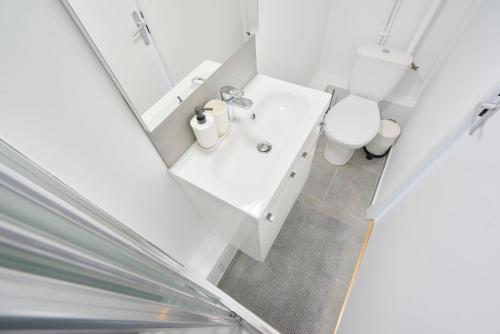 uma casa de banho com um lavatório branco e um WC. em LocationsTourcoing - Le Nature em Tourcoing