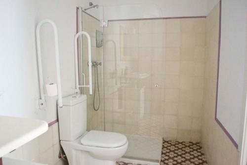 uma casa de banho branca com um WC e um chuveiro em Casas y Patios de Sevilla em Sevilha