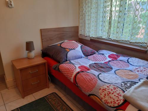 a bedroom with a bed and a dresser and a window at Willa Marylka in Piwniczna