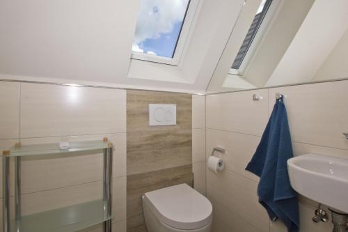 a bathroom with a toilet and a sink and a skylight at Ferienhaus Auszeit FeWo 03 - Dachterrasse, ruhige Lage in Middelhagen