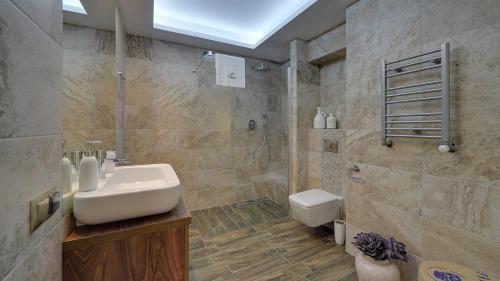 a bathroom with a sink and a shower at Norweska Dolina Family&Pet-friendly Resort in Szklarska Poręba
