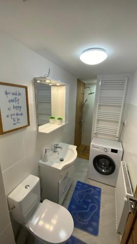 a bathroom with a white toilet and a sink at Katy Boulevard Apartman in Satu Mare