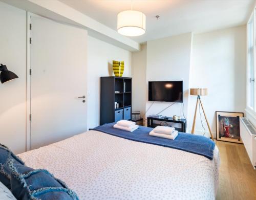 アントワープにあるAntwerp old town triplex apartmentの大きなベッドとテレビのある寝室