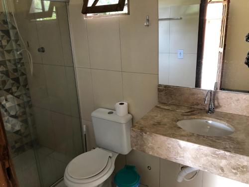ヴァレ・ド・カパオンにあるChalés Vila Bela Vale do Capãoのバスルーム(トイレ、洗面台、鏡付)
