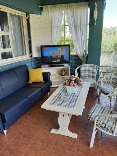 a living room with a blue couch and a tv at Seaside Cottage in Paralia Katerinis