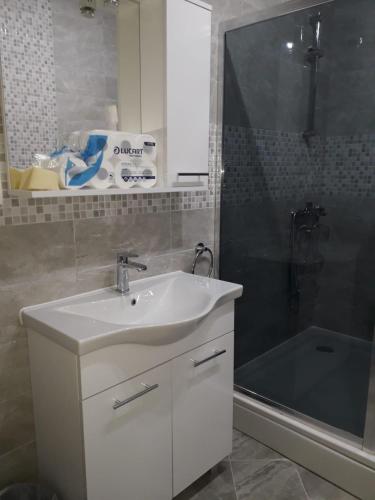 a bathroom with a sink and a shower at Apartments Rubinić in Jelsa