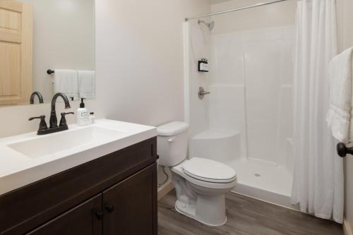 uma casa de banho com um lavatório, um WC e um chuveiro em River Lodge and Cabins em Boardman