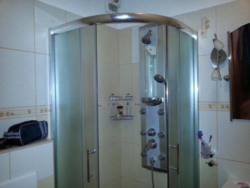 a shower with a glass enclosure in a bathroom at Akra in Zakopane