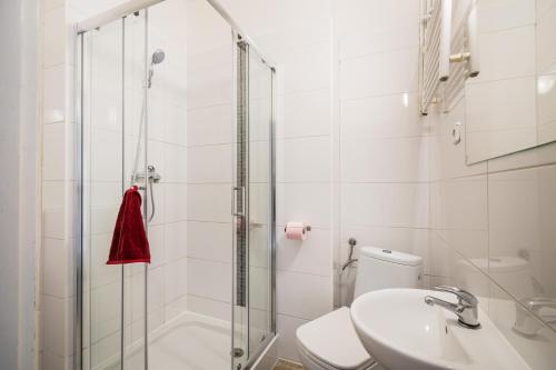 a bathroom with a shower and a toilet and a sink at Krakus in Kraków