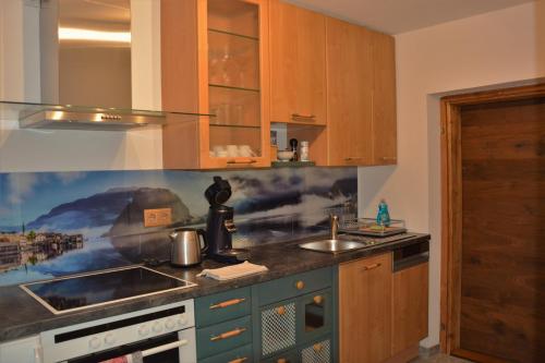 a kitchen with a sink and a stove top oven at Haus Franziska in Hallstatt