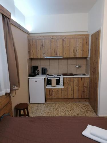 a small kitchen with wooden cabinets and a microwave at Villa Teo in Kalamata