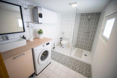 ein Bad mit einer Dusche und einer Waschmaschine in der Unterkunft Mobilehome Szántód in Szántód