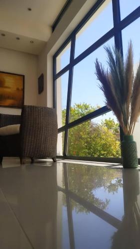 a room with a large window and a table with a plant at Myrthe Apartments in Myrtos