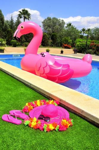 a pink flamingo float next to a pool with flip flops at Villa Mallorca Paradise in Llucmajor