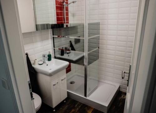 a bathroom with a shower and a toilet and a sink at Unterkunft im Herzen von Berlin in Berlin