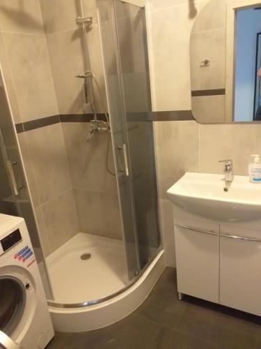 een badkamer met een douche en een wastafel bij Apartament RUCZAJ in Lublin