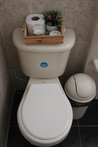 a bathroom with a toilet with a basket on top of it at Refugio Mr Jerry Eco House in Bahía Solano