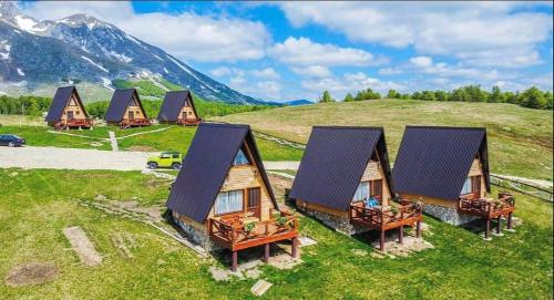 a group of cottages in a field with a mountain at Etno selo Smrčevo brdo in Žabljak