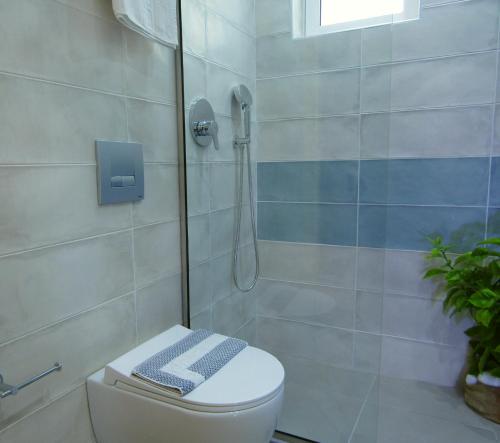 a bathroom with a shower stall and a toilet at Paul Marie in Hersonissos