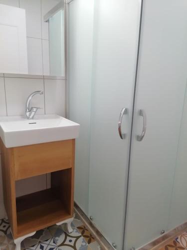 a bathroom with a sink and a shower at Akcapinar Korfez Butik Otel in Akyaka