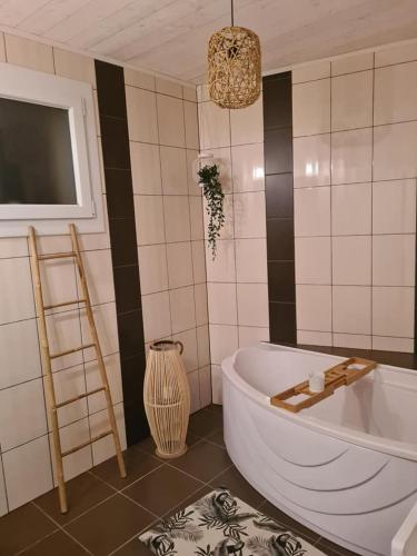 a bathroom with a tub and a window and a ladder at Gîte l'instant T in Thorigny