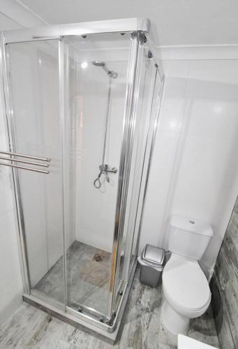 a bathroom with a shower and a toilet at Doce Lar Peniche in Peniche