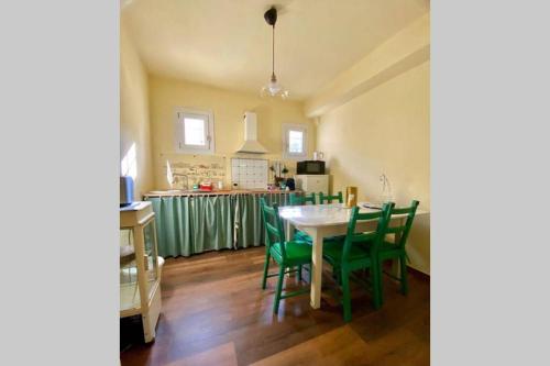 cocina y comedor con mesa y sillas verdes en Barchessa Ca’ Leon sul naviglio del Brenta en Mira