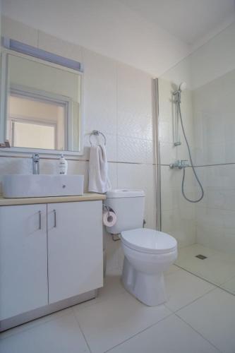 a bathroom with a toilet and a sink and a shower at Downtown Larnaca in Larnaca