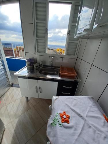 a small kitchen with a sink and a counter at Apartamento avenida 07 in São Thomé das Letras