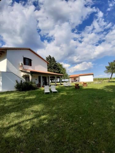 a house with two white chairs in a yard at Agriturismo Uliveto Gretacci in Montemerano