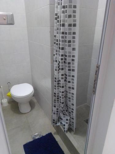 a bathroom with a toilet and a shower curtain at Depto Plaza Moreno in La Plata