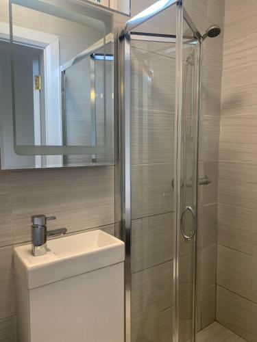 ein Badezimmer mit Dusche, Waschbecken und Spiegel in der Unterkunft Eyre Square Lane in Galway