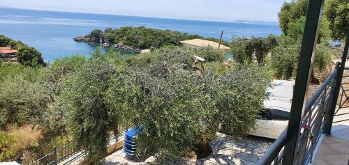 a white car parked on a balcony overlooking the water at Sivota Apartments in Sivota