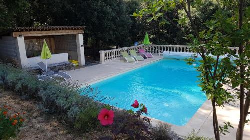 une piscine avec des chaises et un gazebo dans l'établissement Gîte Le Verdon, à Trans-en-Provence