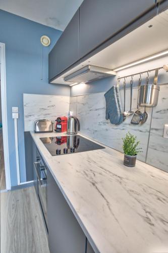 - une cuisine avec un comptoir en marbre dans l'établissement Strasbourg Urban Chic Cathedral View - parking, tram, 8 min city center, à Strasbourg