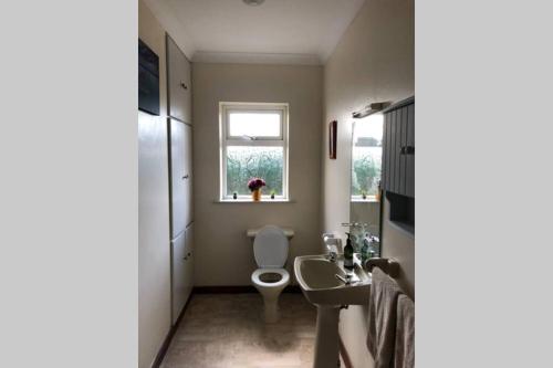 łazienka z toaletą, umywalką i oknem w obiekcie Canal View w mieście Belmullet