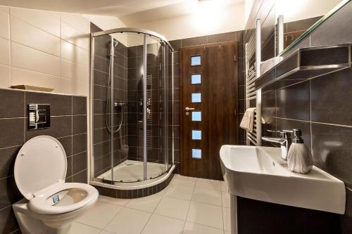 a bathroom with a toilet and a shower and a sink at Penzion U hamru in Český Krumlov