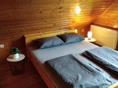 a bedroom with two beds in a log cabin at Logarska koča in Fokovci