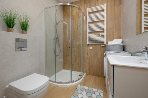 een badkamer met een douche, een toilet en een wastafel bij La Playa apartament przy plaży in Pobierowo