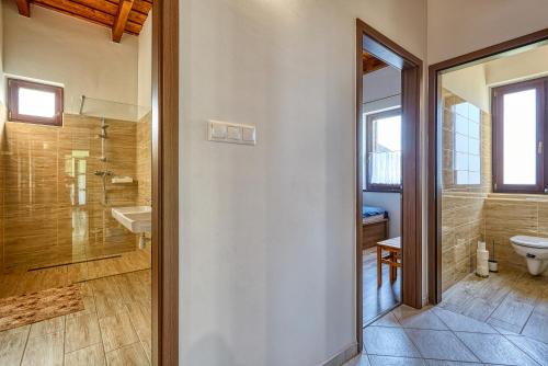 a bathroom with a shower and a toilet and a sink at Rózsabarack Vendégházak in Hegykő