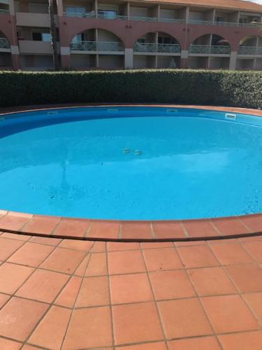 une grande piscine bleue dans un immeuble dans l'établissement Corsica studio Face à la mer Moriani plage, à San-Nicolao