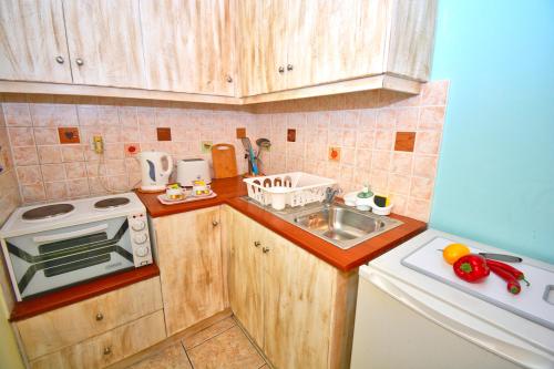a small kitchen with a sink and a stove at Mike's apartments in Agios Gordios